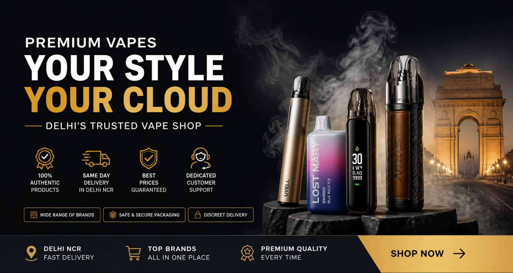Advertisement for a vape shop with vaping devices and brand logos.